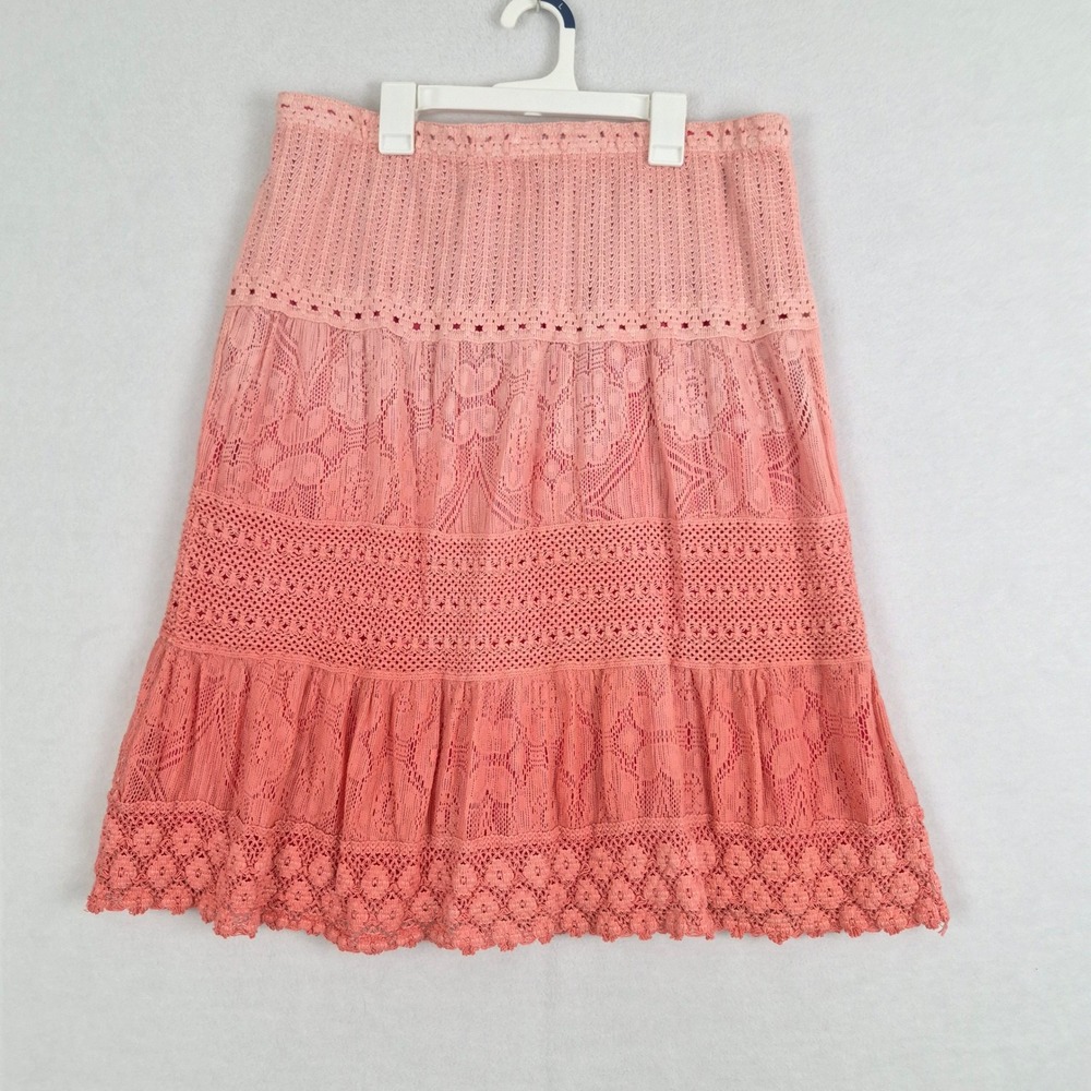Large Ombre Coral Pink Boho Flare Skirt Lace Crochet Tiered Midi Pull On Cottage